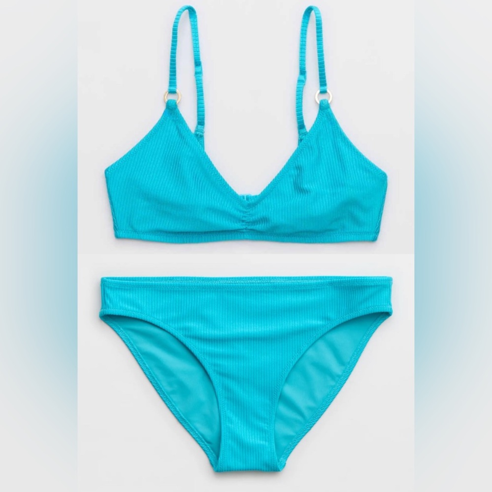 NWT Aerie FULL SET Beach Babe Shine Rib Voop Top + Full Coverage Bottom Blue